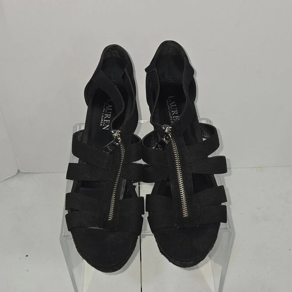 Lauren Ralph Lauren Kelcie Black Canvas Wedge Espadrille Sandals Womens 9B AC658